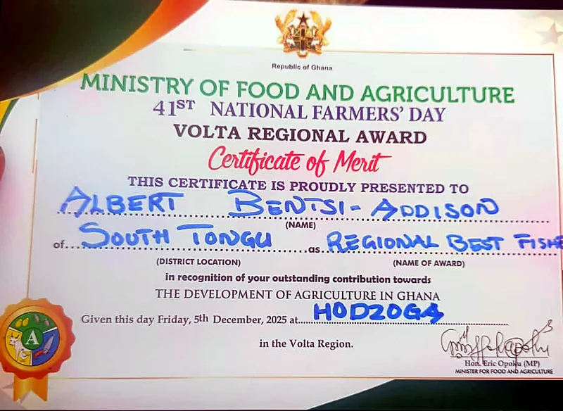 Ministry of Food and Agriculture certificate of merit
