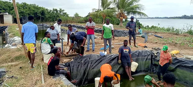 Trainees at a fish farm practical session